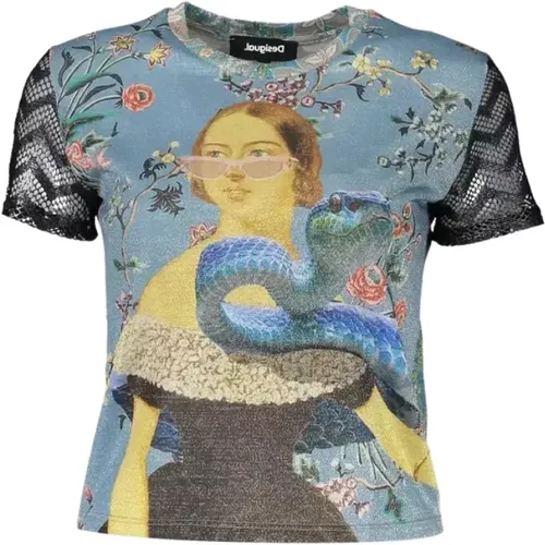 Printed Blue Tee with Contrasts , female, Sizes: 2XL, XL, M, L - Desigual - Modalova