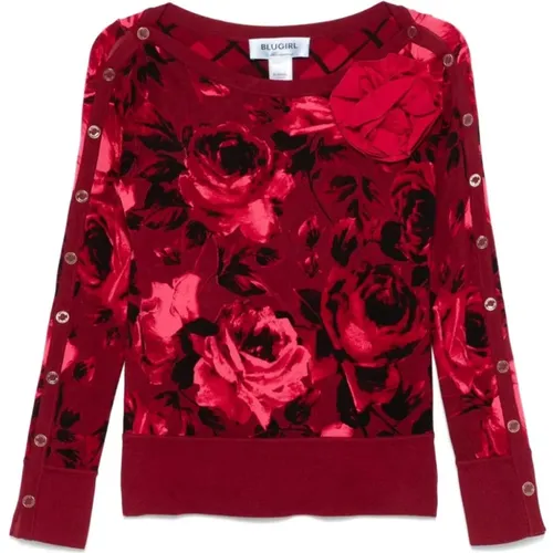 Verzauberte Rosen Strickpullover,Roter Crewneck-Pullover mit Blumenmuster - Blugirl - Modalova