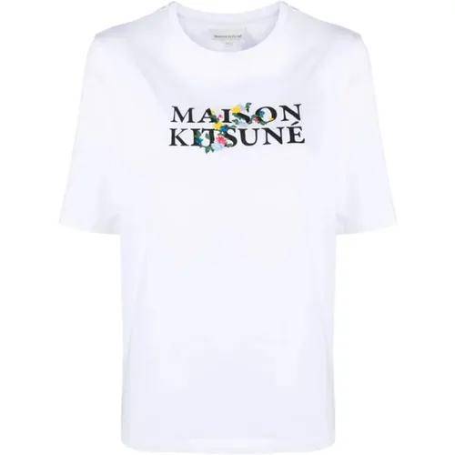 Classic Logo Flowers Print T-Shirt , female, Sizes: M, S - Maison Kitsuné - Modalova