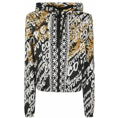 Nylon Hooded Jacket with All Over Logo Print - Size 42 , female, Sizes: XS, S - Versace Jeans Couture - Modalova