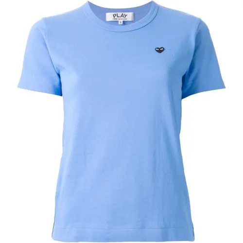 Blaues Damen Baumwoll T-Shirt mit Kleiner Schwarzer Herzstickerei , Damen, Größe: S - Comme des Garçons Play - Modalova