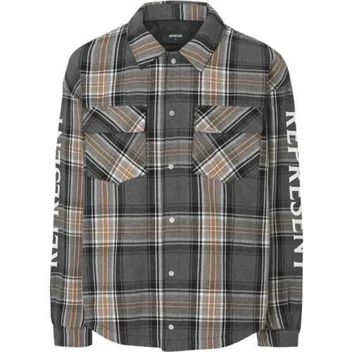Grey Checkered Casual Shirt with Logo Print , male, Sizes: S - Represent - Modalova