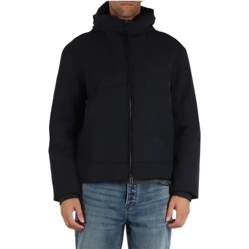 Stretch fabric hooded down jacket , male, Sizes: L, XL, M, 2XL - Emporio Armani - Modalova