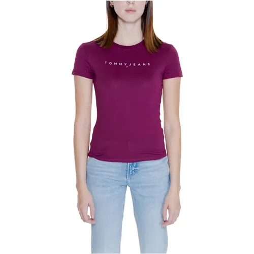 Lila Bedrucktes Rundhals T-Shirt , Damen, Größe: 2XS - Tommy Hilfiger - Modalova