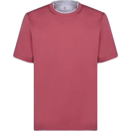 Rotes Baumwoll-T-Shirt Rundhals Kurzarm , Herren, Größe: M - BRUNELLO CUCINELLI - Modalova
