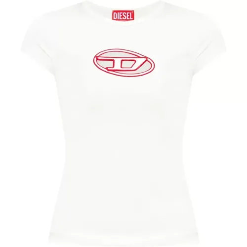 Weiße Rundhals Logo T-shirt , Damen, Größe: M - Diesel - Modalova