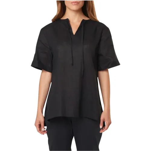 Schwarzes Leinen V-Ausschnitt Shirt , Damen, Größe: L - Liviana Conti - Modalova