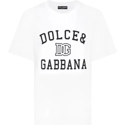 Weißes T-Shirt mit Schwarzem Logo - Dolce & Gabbana - Modalova