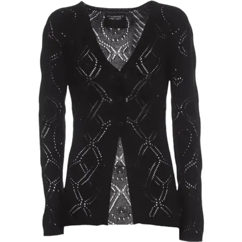 Schwarzer Cardigan Treeblend Wolle V-Ausschnitt , Damen, Größe: L - Twinset - Modalova