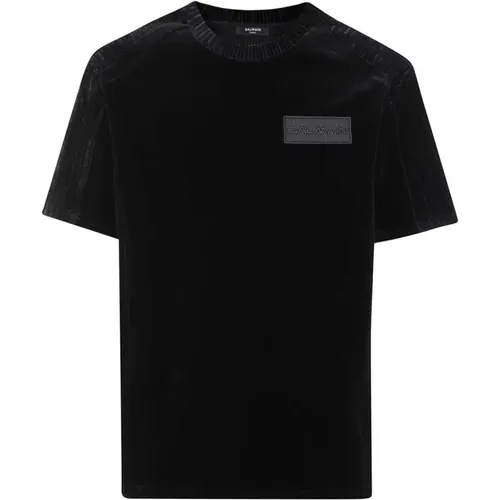 Geripptes Crew-neck T-Shirt , Herren, Größe: M - Balmain - Modalova