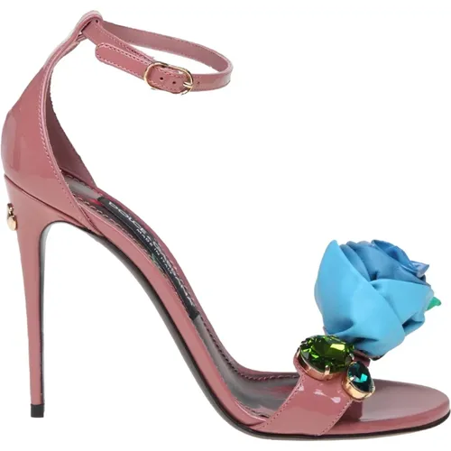 Patent Leather Sandal with Embroidered Flower , female, Sizes: 3 UK, 4 UK, 5 UK, 5 1/2 UK - Dolce & Gabbana - Modalova