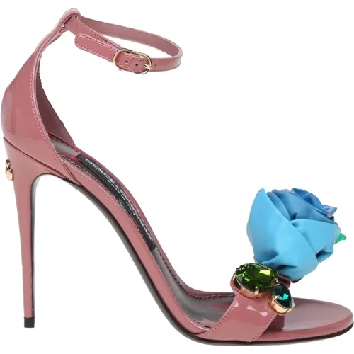Rosa Patentleder Sandale mit bestickter Blume - Dolce & Gabbana - Modalova