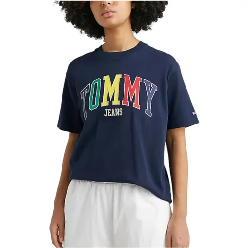 Blaues Pop-T-Shirt mit ikonischem Logo , Damen, Größe: M - Tommy Hilfiger - Modalova