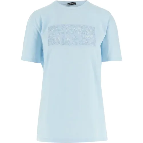 Hellblaues T-Shirt mit Rundhalsausschnitt , Damen, Größe: 2XS - Versace - Modalova