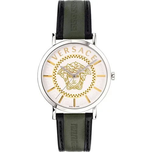 Green Leather Strap Quartz Watch , male, Sizes: ONE SIZE - Versace - Modalova