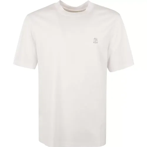 Weißes Baumwoll-T-Shirt mit Besticktem Logo - BRUNELLO CUCINELLI - Modalova