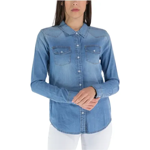 Denim Shirt with Classic Collar and Snap Button Closure , female, Sizes: L - Guess - Modalova