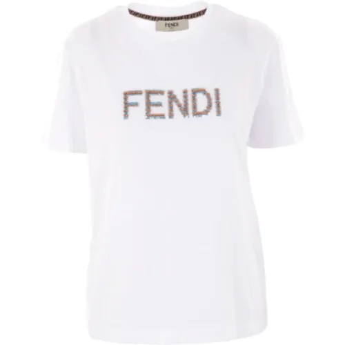 Cotton T-shirt with Sequin Logo , female, Sizes: M - Fendi - Modalova