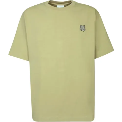 Beige T-Shirt with Embroidered Patch , male, Sizes: XS, S, M, L, XL - Maison Kitsuné - Modalova