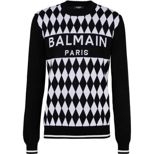 Schwarzer Wollpullover mit Diamantmuster - Balmain - Modalova