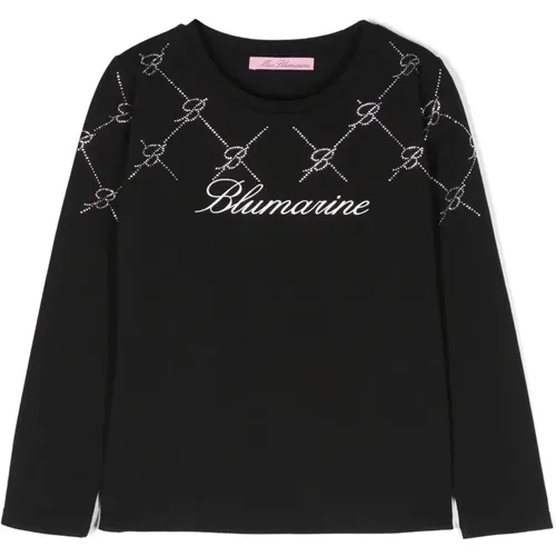 Schwarzes T-Shirt mit Strass-Logo - Blumarine - Modalova