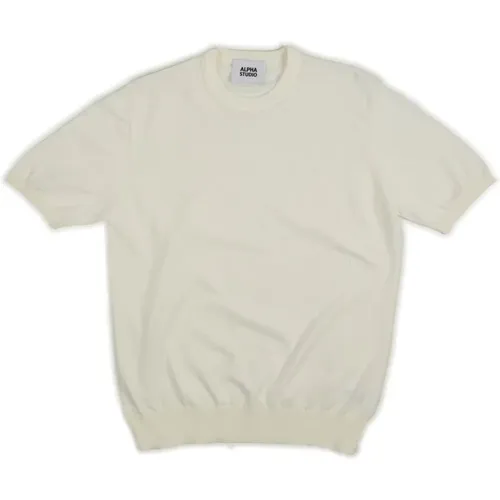 Herren Weißes Baumwoll-Crepe Rundhals-T-Shirt , Herren, Größe: L - Alpha Studio - Modalova
