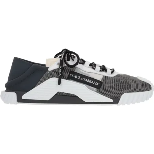 Dunkelgraue Slip-On Sneakers mit Gummi- und Leder-Einsätzen,Mesh Kontrast Logo Sneakers - Dolce & Gabbana - Modalova