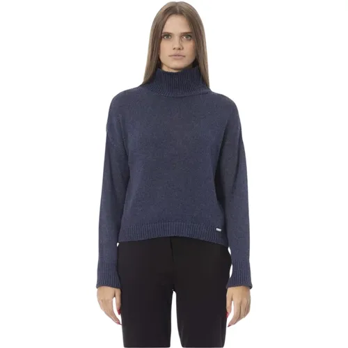 Blauer Gerippter Langarm Pullover , Damen, Größe: M - Baldinini - Modalova