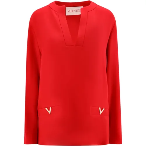 Rotes Seiden V-Ausschnitt Shirt Aw24 - Valentino - Modalova