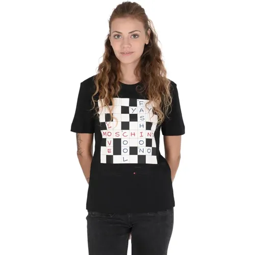 Schwarzes Baumwoll-T-Shirt Stilvolles Design , Damen, Größe: S - Love Moschino - Modalova