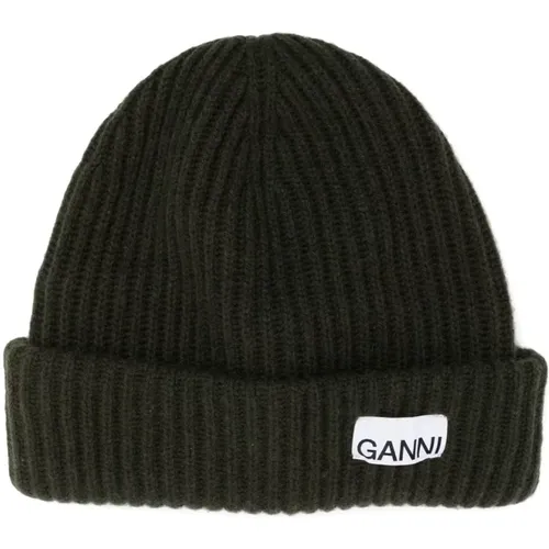 Ribbed Knit Logo Patch Hat , female, Sizes: ONE SIZE - Ganni - Modalova