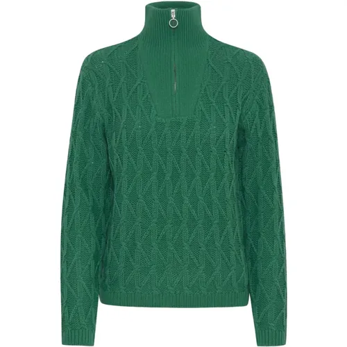 Grüner Strickpullover mit Reißverschluss , Damen, Größe: S - b.Young - Modalova