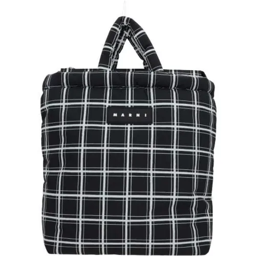 Schwarze gesteppte Nylon-Tote-Tasche mit silberner Hardware - Marni - Modalova