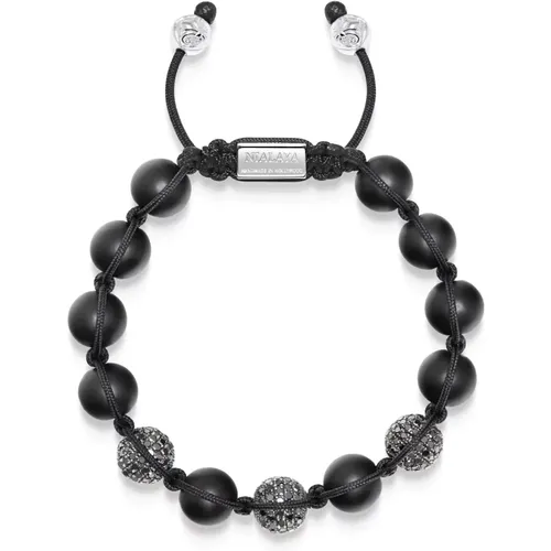 Men's Trio Black Diamond Beaded Bracelet with Matte Onyx and Sterling Silver - Nialaya - Modalova