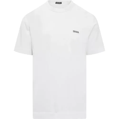 Weißes T-Shirt mit Rundhalsausschnitt und Besticktem Logo - Ermenegildo Zegna - Modalova