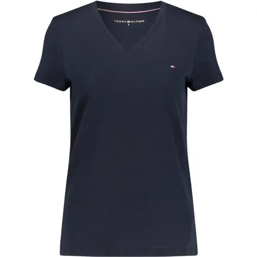 Basic Baumwoll T-Shirt - Blau, V-Ausschnitt, Kurze Ärmel , Damen, Größe: XS - Tommy Hilfiger - Modalova