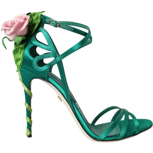 Grüne Blumige Satin Sandalen mit Knöchelriemen - Dolce & Gabbana - Modalova