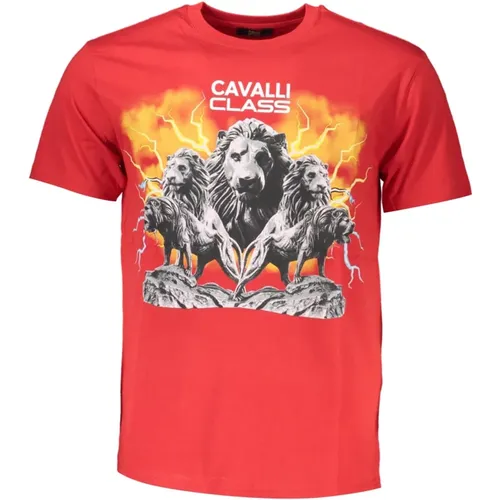 Rotes Herren T-Shirt mit kurzen Ärmeln Druck , Herren, Größe: XL - Cavalli Class - Modalova