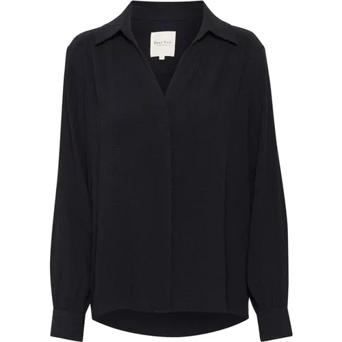 Dunkelblaue locker sitzende Bluse mit V-Ausschnitt und Kragen , Damen, Größe: XL - Part Two - Modalova