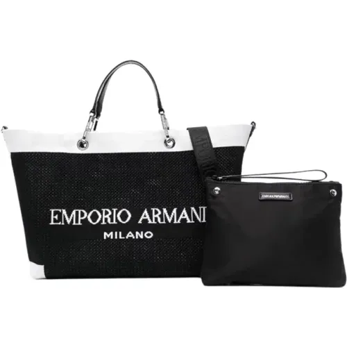 Logo-Intarsia Tote Bag - /White Knitted Handbag , female, Sizes: ONE SIZE - Emporio Armani - Modalova