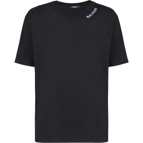 T-shirt with Balain ebroidery on the neckline , male, Sizes: S, L, M - Balmain - Modalova