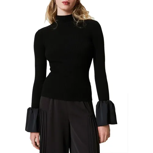 Ribbed Sweater with Satin Ruffle , female, Sizes: S, XS, L, M - Twinset - Modalova