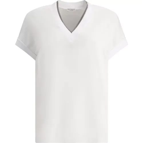 Geripptes T-Shirt mit Precious Neckline , Damen, Größe: L - BRUNELLO CUCINELLI - Modalova