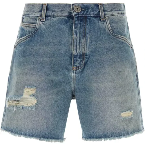 Denim Bermuda Shorts,Blaue Vintage Denim Shorts mit Logo-Stickerei - Balmain - Modalova
