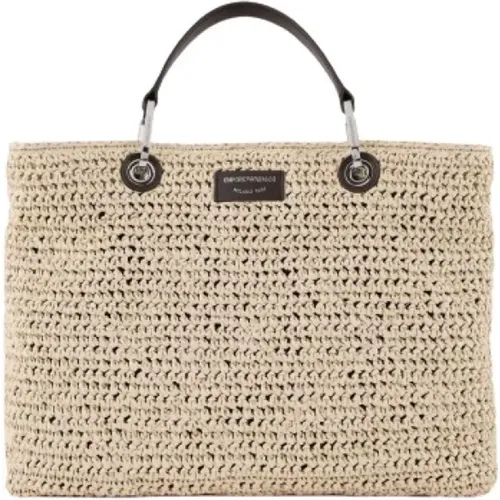 Large Straw and Faux Leather Tote Bag , female, Sizes: ONE SIZE - Emporio Armani - Modalova