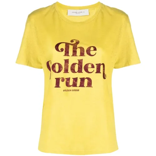 Gelbes Leinen T-Shirt mit bedrucktem Slogan , Damen, Größe: L - Golden Goose - Modalova