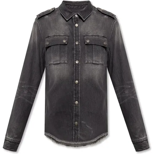 Cotton Denim Shirt with Fringe Finish , male, Sizes: M, L - Balmain - Modalova