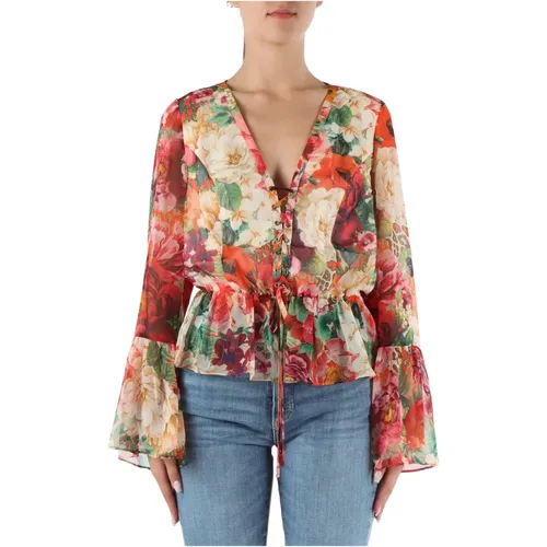 Chiffon blouse with lace-up detail , female, Sizes: L, M, S, XS - Guess - Modalova