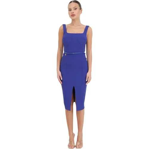 Indigo Blaues Midi-Kleid mit Quadratischem Ausschnitt - Elisabetta Franchi - Modalova