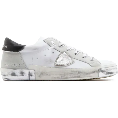 Paris White, Silver, and Black Calf Leather Low Top Sneakers , female, Sizes: 7 UK, 3 UK - Philippe Model - Modalova